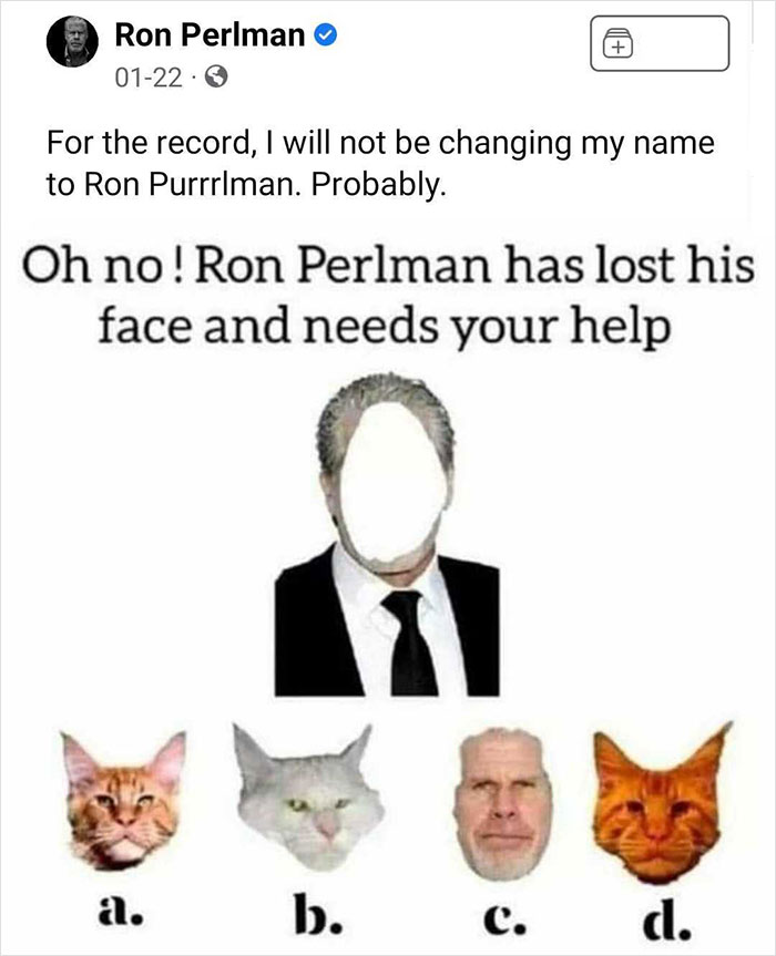 Ron Perlman social media post with a face swap quiz featuring cat faces and a missing face image.