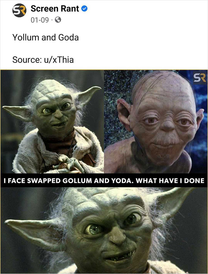Face swapped images of Gollum and Yoda showcasing one of the weirdest things spotted on official social media accounts.