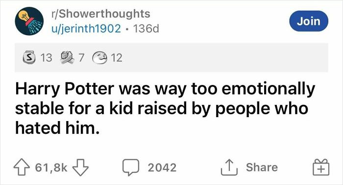 Reddit post humorously criticizing Harry Potter's emotional stability, shared in a shower thoughts community.