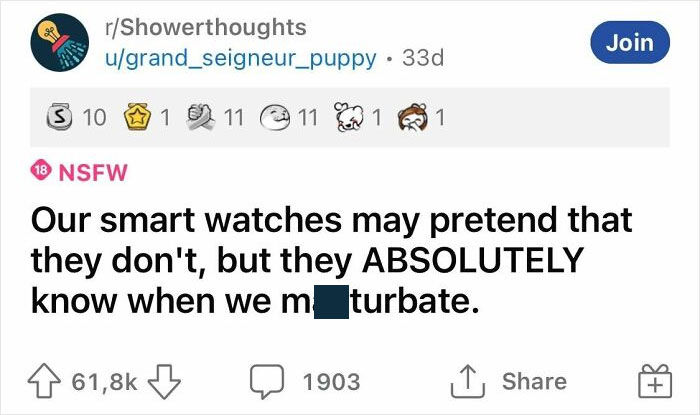 Reddit post from Showerthoughts discussing smart watches and privacy in a humorous NSFW context.