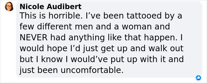 Woman describes uncomfortable tattoo experience in a text message.