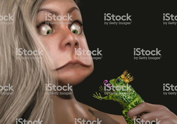 A surprised woman with exaggerated facial features looking at a small, colorful creature, showcasing weird stock photography.
