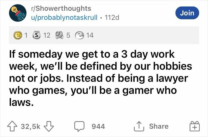 Reddit post with a hilarious realization about a three-day workweek and being defined by hobbies instead of jobs.