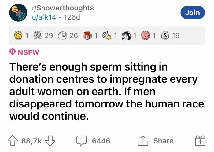 Screenshot of a hilarious realization about s***m donation shared in an online community post.