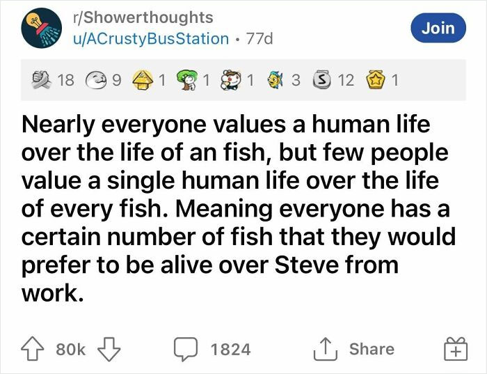 A funny shower thought about valuing human life compared to fish from an online community post.