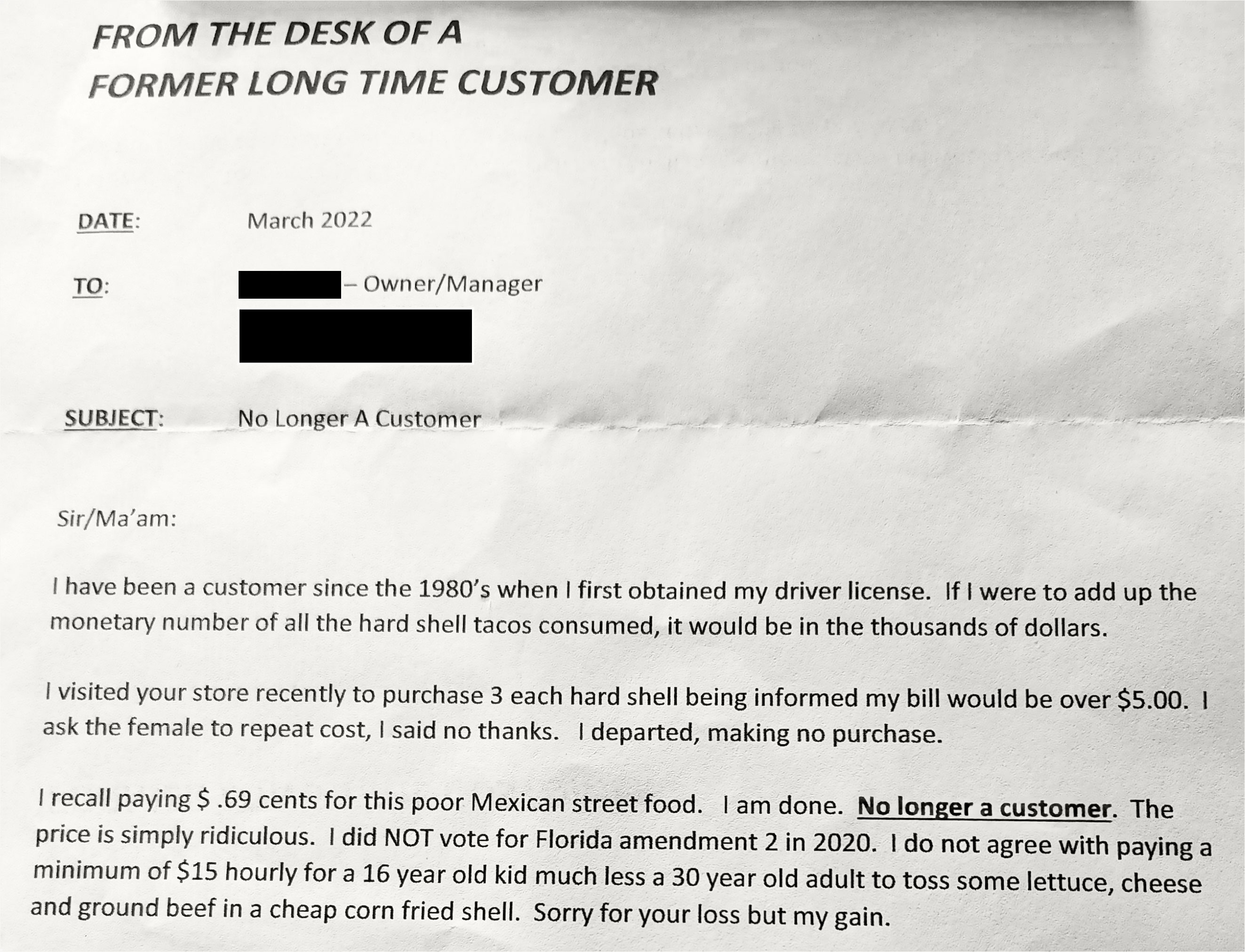 A Formal Complaint Letter Calls Out This Restaurant For Their &ldquo;Ridiculous&rdquo; Taco Prices Because They Pay 15 Bucks For 16-Year-Olds