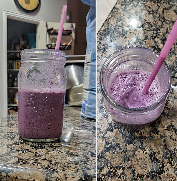 Took Forever To Make A Homemade Blueberry Strawberry Smoothie. It Was So Clumpy I Eventually Just Threw In A Bunch Of Milk. You Can See It Stuck In The Straw...