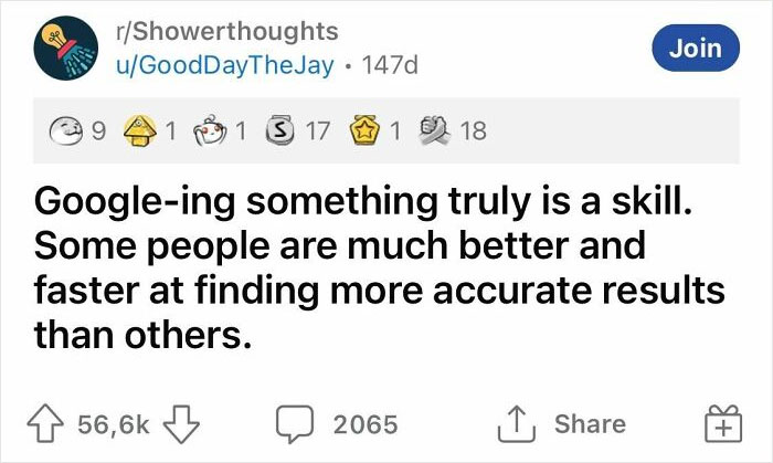 Reddit post from Showerthoughts about the skill of Googling, highlighting how some excel in finding accurate results.