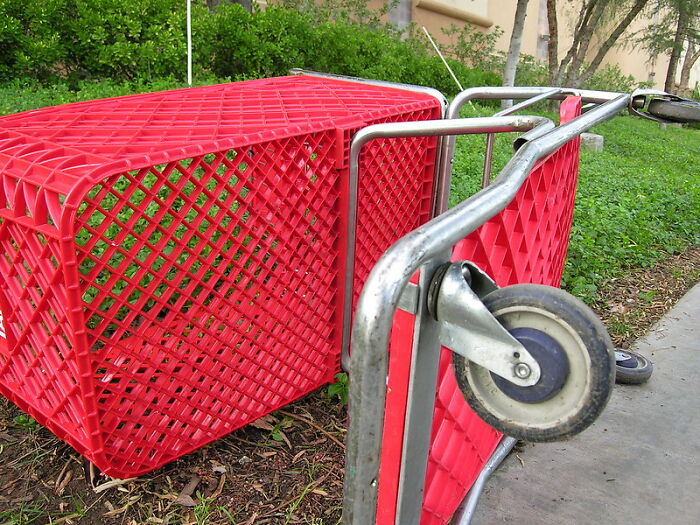 Red shopping cart tipped over on grass near sidewalk, illustrating common big scams people often don't realize.