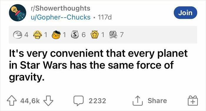 Text from an online community highlights a funny realization about Star Wars gravity.