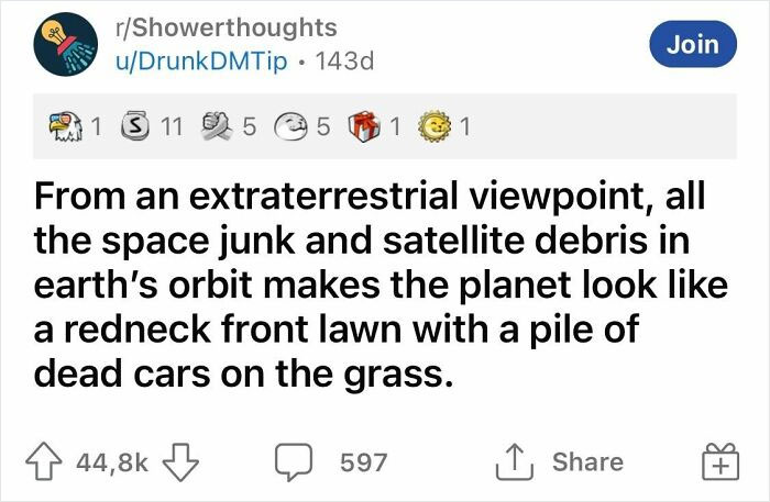 Shower thought about space junk making Earth look like a cluttered lawn from an extraterrestrial viewpoint.