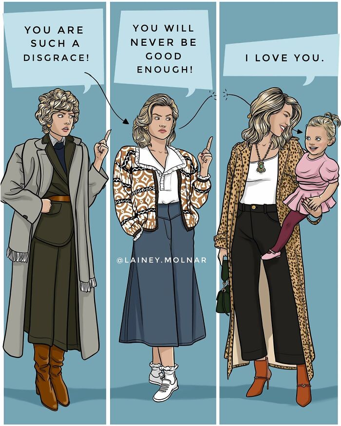 Illustration showing the pressures women face from society with contrasting negative and positive self-talk scenes.