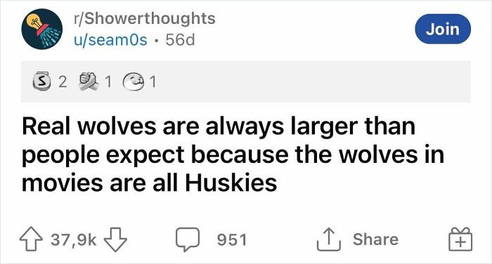 Reddit post from Showerthoughts about wolves being larger than expected, humorous realization.