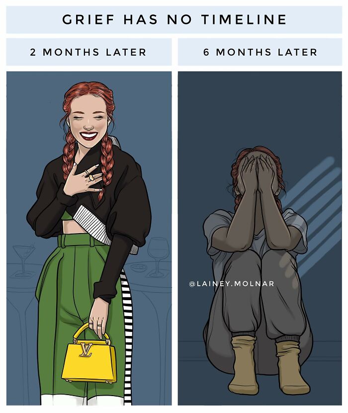 Artist illustrates the pressures women face, showing contrasting emotions of grief two and six months later in honest comics.