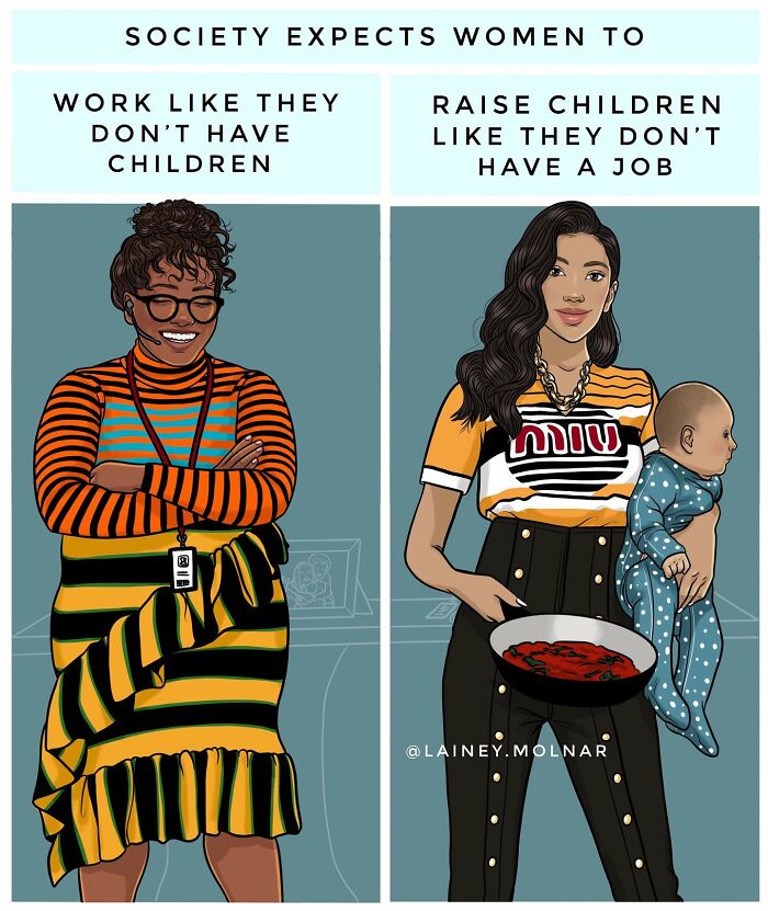 Illustration showing women facing societal pressures balancing work and childcare in an honest comic style.