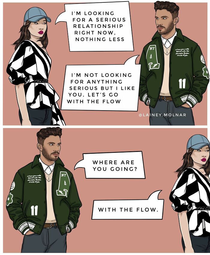 Illustration shows a woman and man discussing relationship pressures, highlighting society's impact on women in comics.