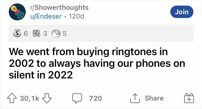 Funny realization about phone use: from buying ringtones in 2002 to keeping phones on silent in 2022.