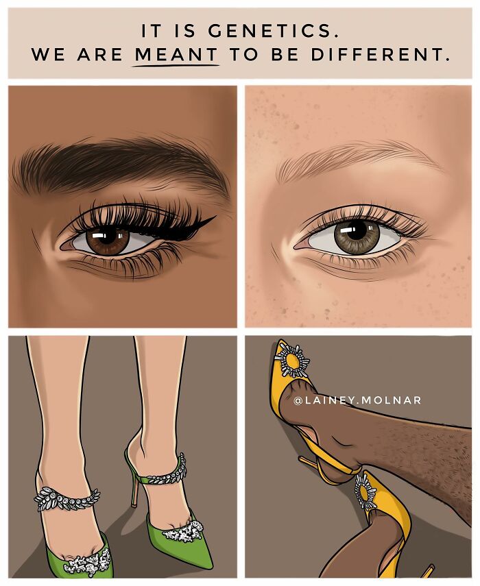 Illustration showing genetic diversity and societal pressures on women through honest comic panels of eyes and legs in heels.