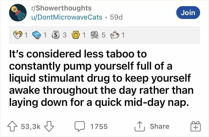 "Funny realization about caffeine use and napping, shared in an online community."