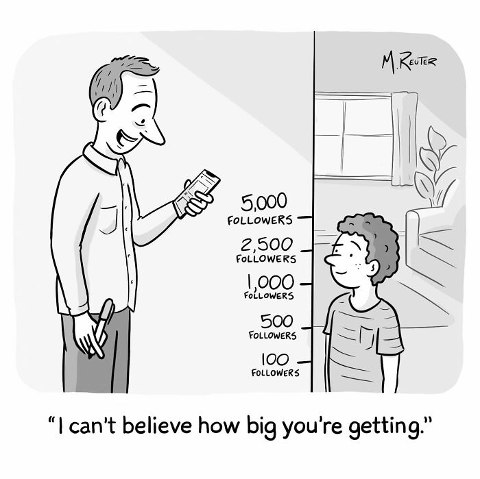 Comic showing a man measuring a child by social media followers highlighting society and daily life humor.