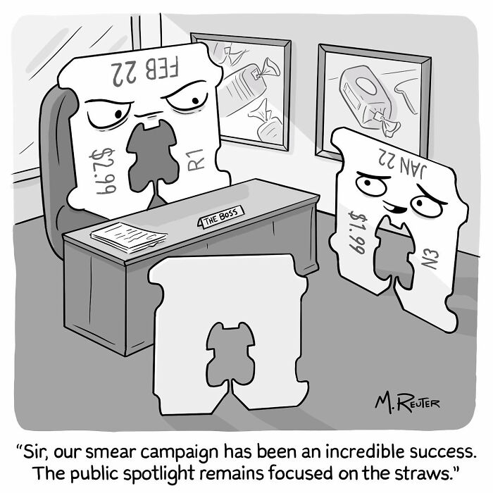 Comic strip featuring puzzle pieces in an office, humorously poking fun at society and daily life situations.