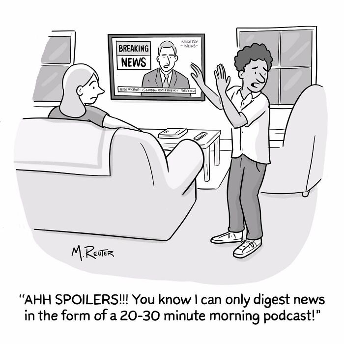 Cartoon showing a person humorously reacting to news spoilers, highlighting comics that poke fun at daily life and society.