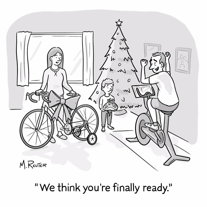 Family scene with comics poking fun at society and daily life, showing parents and child near a Christmas tree and bikes.