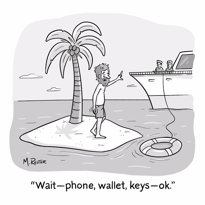Cartoon of a stranded man on a tiny island with a palm tree humorously checking his items in a comic poking fun at society and daily life.