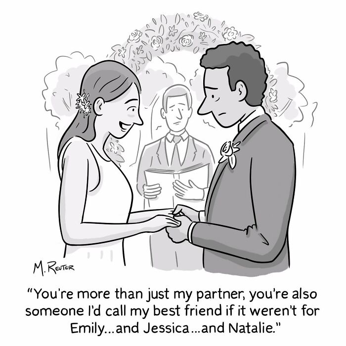 Black and white comic showing a wedding scene that pokes fun at society and daily life by the artist.