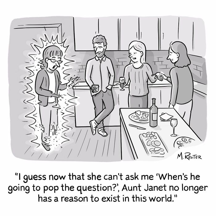 Comic poking fun at society and daily life showing a glowing woman making others uncomfortable at a social gathering.