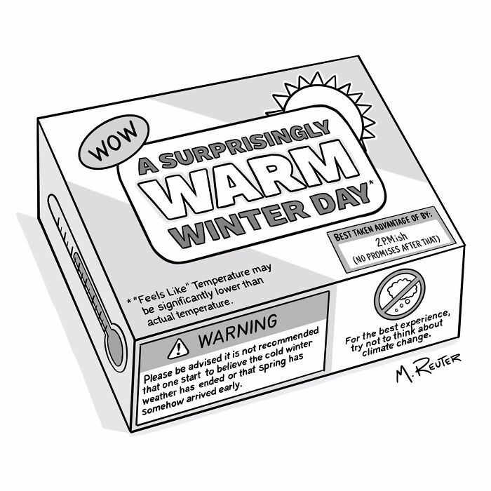 Comic box labeled a surprisingly warm winter day, humorously warning about climate change in daily life and society.