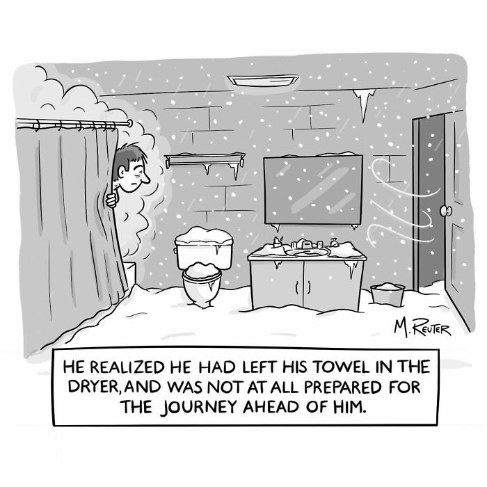 Black and white comic showing a man in a snowy frozen bathroom, highlighting humor about daily life and society.