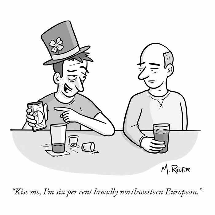 Two men at a bar in a comic poking fun at society and daily life by artist M. Reuter.