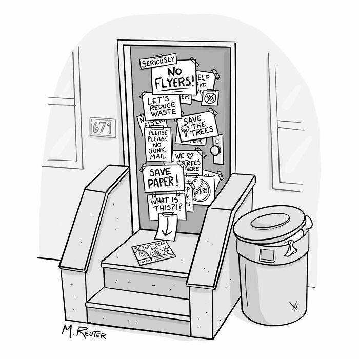 Comics poking fun at society showing a door covered in anti-flyer signs while flyers litter the doorstep.