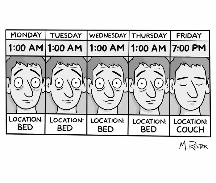 Comic strip by artist showing a man awake at 1 AM in bed on weekdays, finally resting on couch Friday evening.