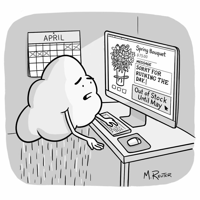Sad cloud buying out of stock spring bouquet online in a comic poking fun at daily life and society.