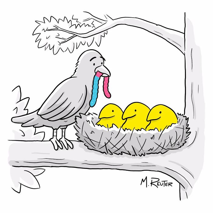 Cartoon artist’s latest comics show a bird feeding three chicks, poking fun at society and daily life.