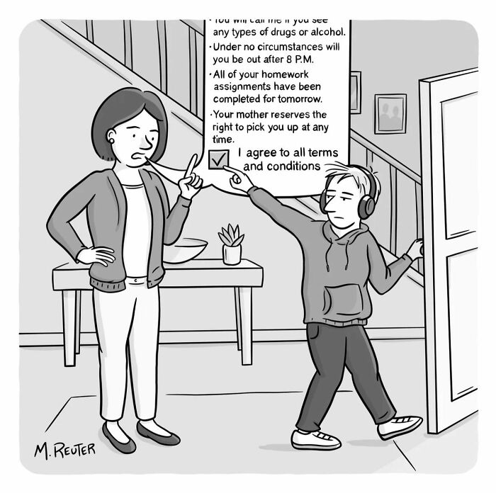Comic showing a teenager wearing headphones and agreeing to strict terms, poking fun at society and daily life rules.