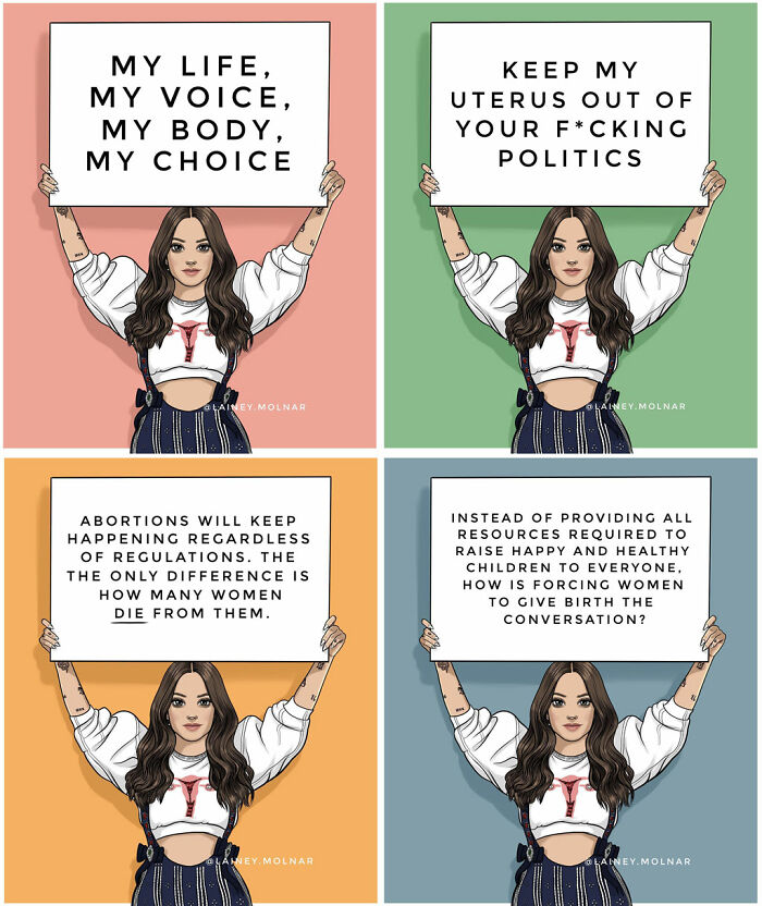 Illustration of woman holding signs addressing societal pressures women face about body autonomy and reproductive rights.