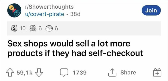 Reddit post from r/Showerthoughts about s*x shops benefiting from self-checkout.