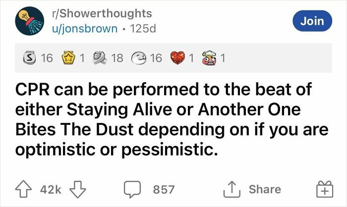 Reddit post about a hilarious shower realization comparing CPR rhythms to iconic songs.