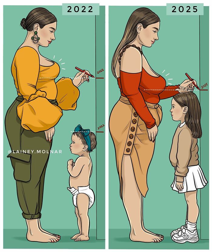 Illustration showing pressures women face from society measuring their height and their child's growth in different years.