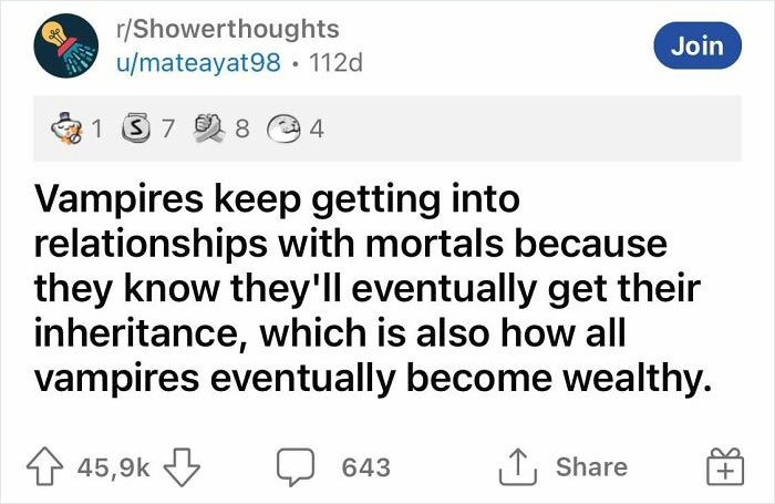 Shower thought text about vampires inheriting wealth from mortals.