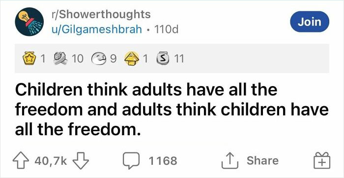 "Funny realization about freedom perception shared by user in online community r/Showerthoughts."
