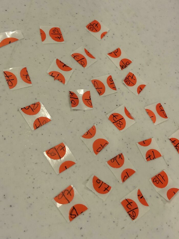 We Give Stickers At My Job For Your ID, If You Passed The Temperature Check. My Coworker Had To Cut The Stickers And Did This. Guess Who Has To Cut New Stickers?