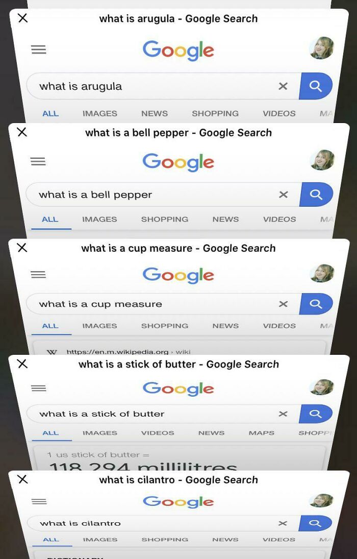 Multiple Google search tabs open asking questions about cooking terms, highlighting Irish sense of humor posts.