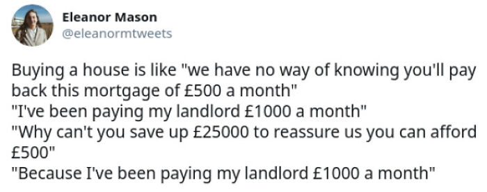 Social media post humorously comparing renting and buying a house, reflecting Irish sense of humor and mortgage challenges.