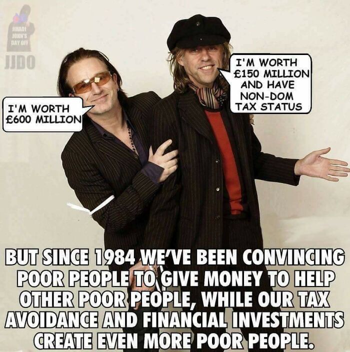 Two men in striped suits with speech bubbles about wealth and tax status, illustrating Irish sense of humor and online group posts.