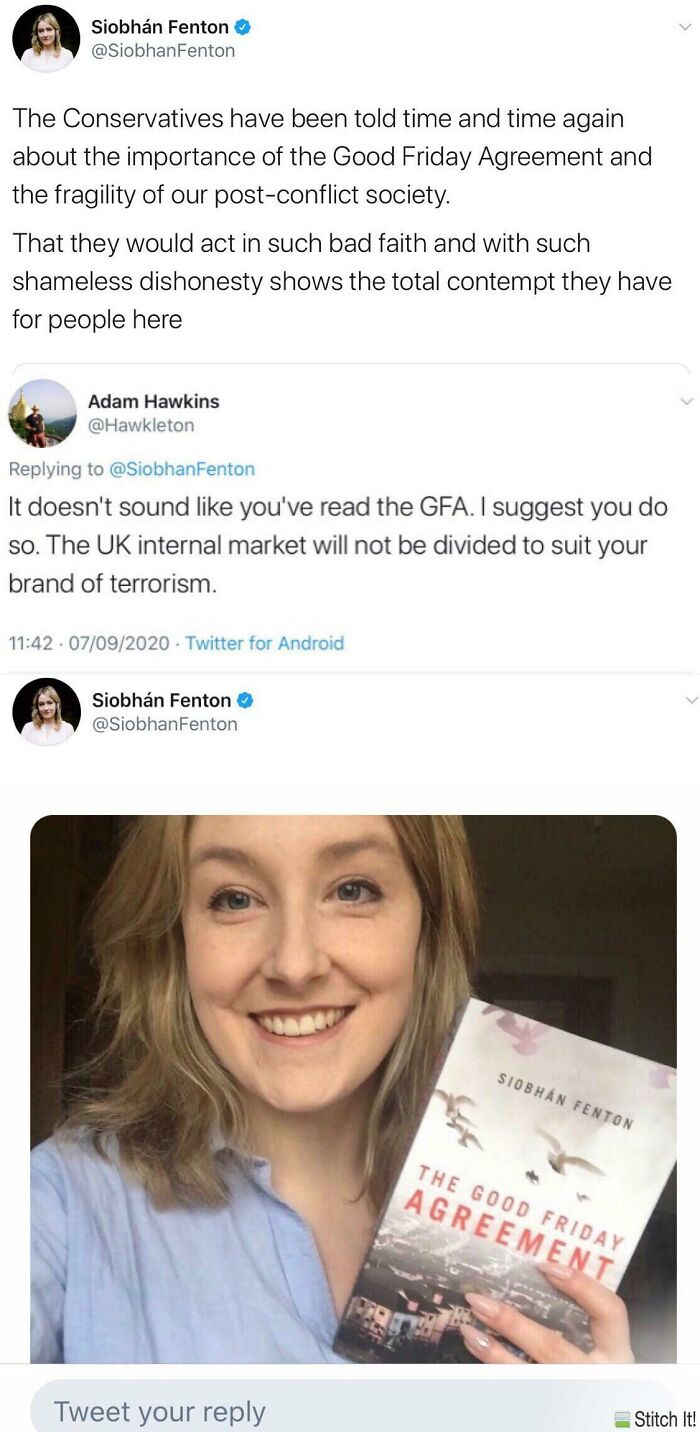 Tweet thread discussing the Good Friday Agreement with a woman holding the book, reflecting Ireland and Irish humor online posts.