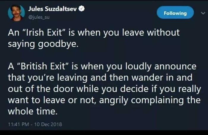 Tweet explaining the difference between an Irish Exit and British Exit, showcasing Irish humor from a popular online group.